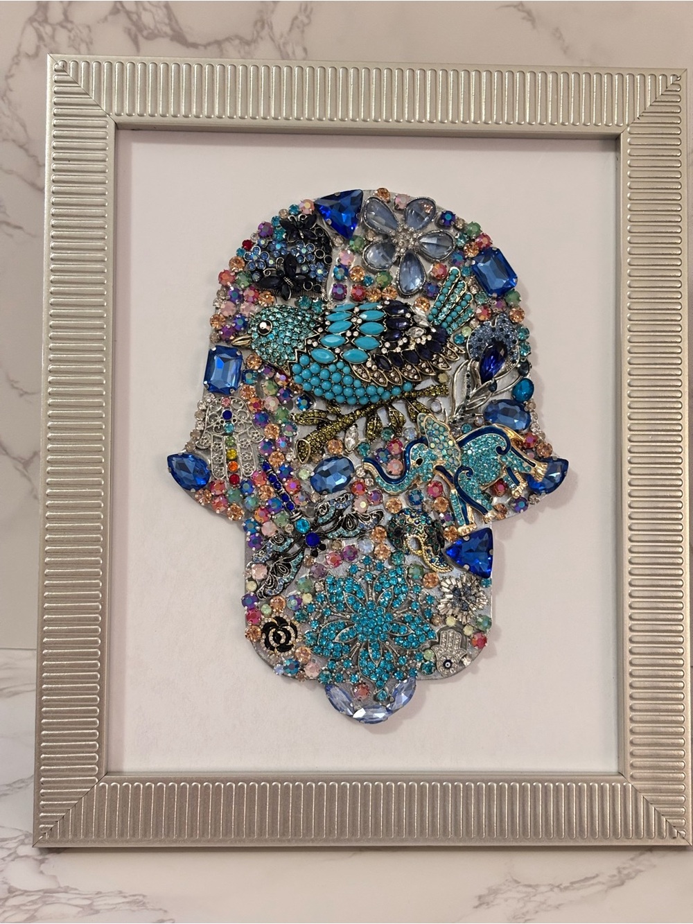 Hamsa Hand Framed Vintage Jewelry Art, Mosaic Wall Decor, Protection Gift 8x10